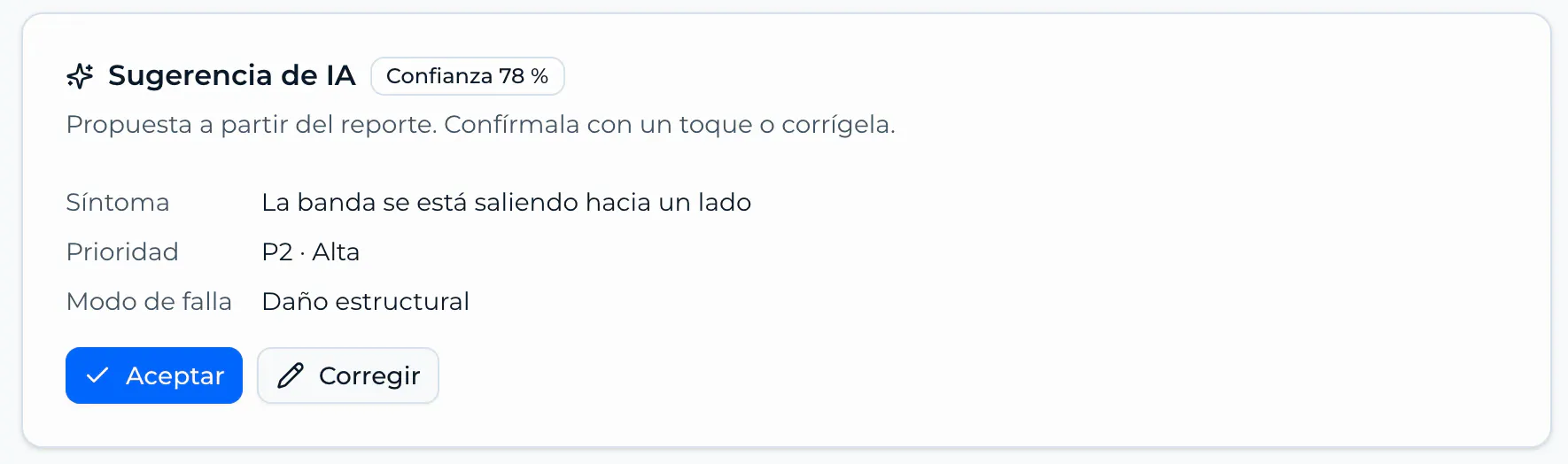 AI suggestion on a request: symptom, priority and failure mode, with buttons to accept or correct.