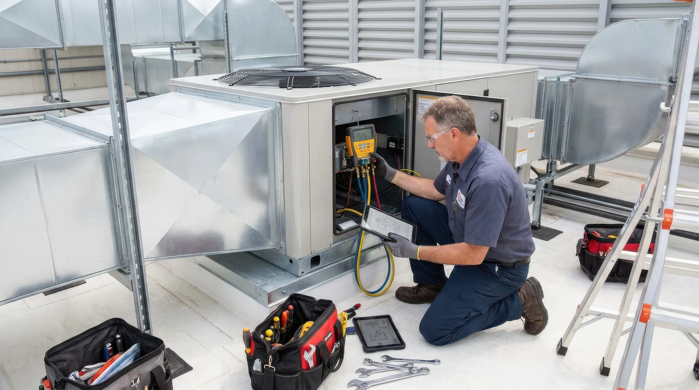 An HVAC technician services a rooftop air conditioning unit.