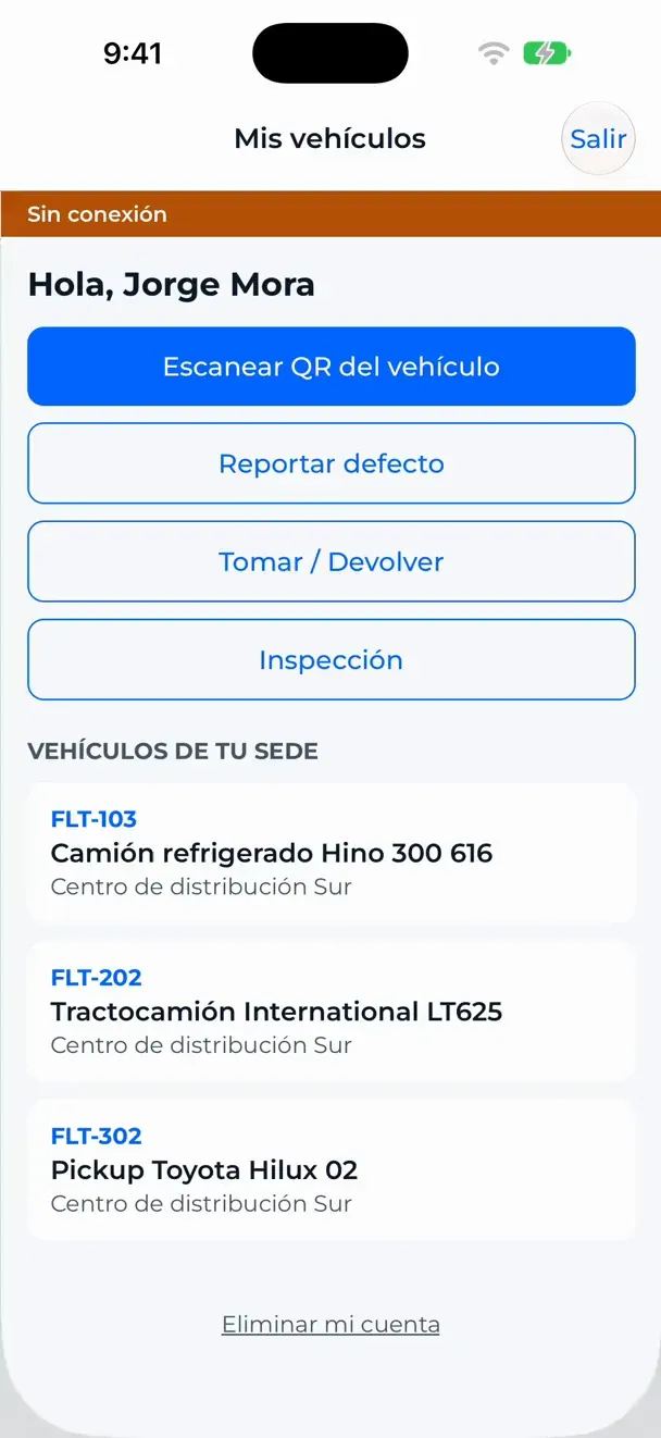 Field app without signal: the driver goes through the pre-trip checklist of a tractor unit and marks a failed light with its required photo.
